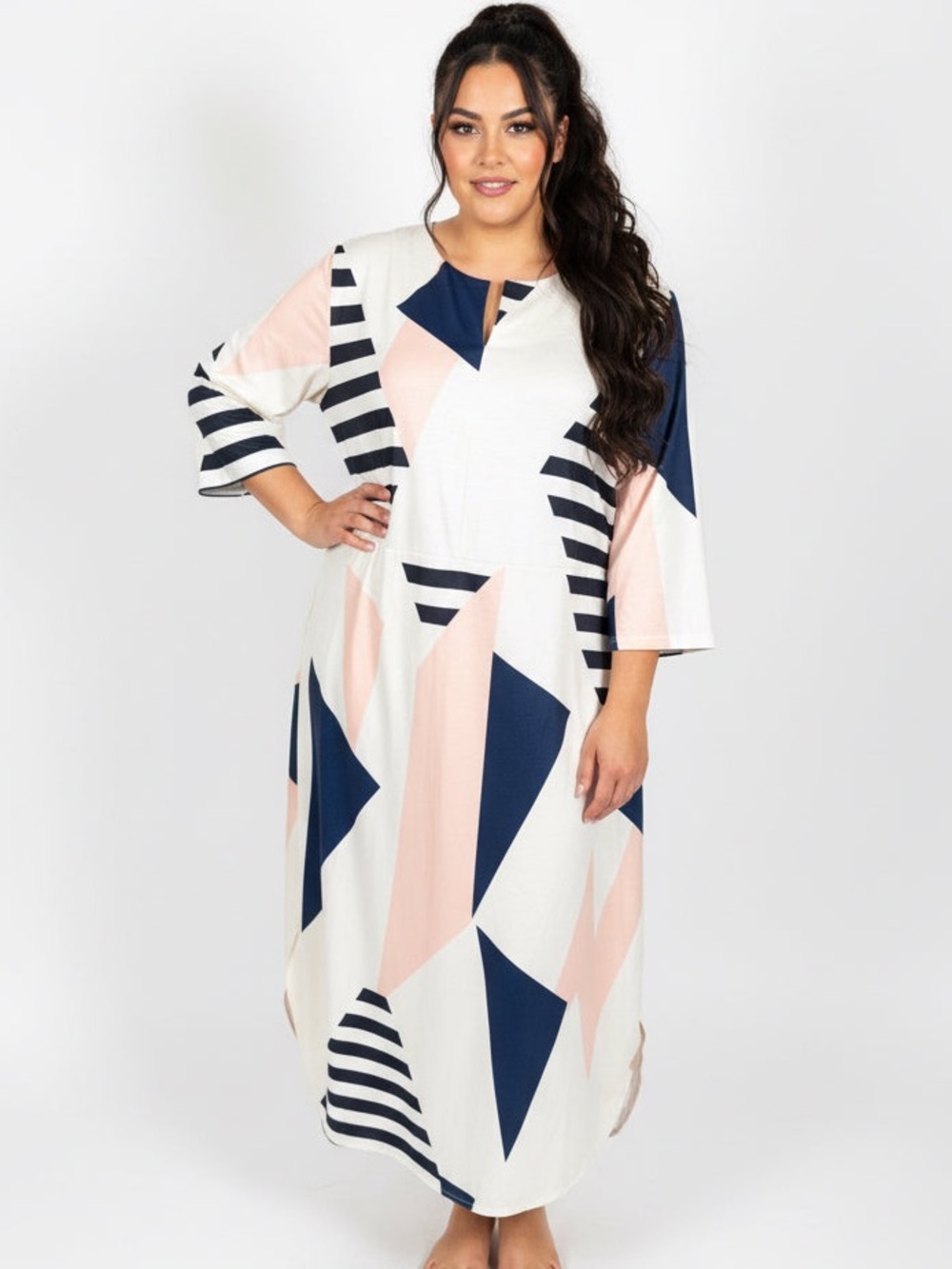 Plus-Size Geometric Maxi Dress in White, Navy & Blush